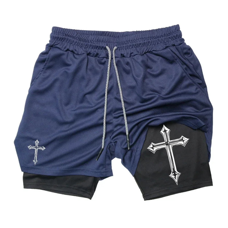 Cross Print 2-in-1Christian Shorts with Compression Liner Phone Pocket Towel Loop