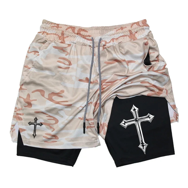 Cross Print 2-in-1Christian Shorts with Compression Liner Phone Pocket Towel Loop