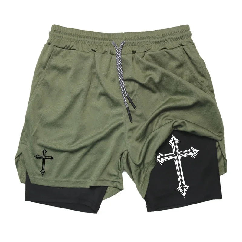 Cross Print 2-in-1Christian Shorts with Compression Liner Phone Pocket Towel Loop