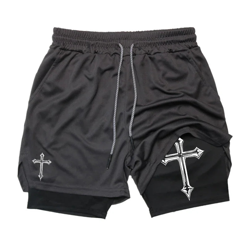 Cross Print 2-in-1Christian Shorts with Compression Liner Phone Pocket Towel Loop