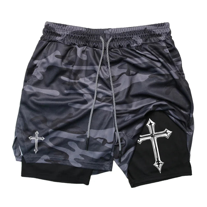 Cross Print 2-in-1Christian Shorts with Compression Liner Phone Pocket Towel Loop