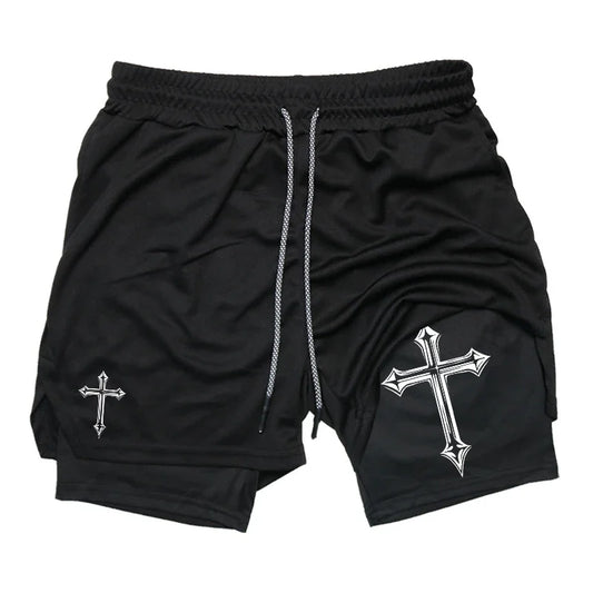 Cross Print 2-in-1Christian Shorts with Compression Liner Phone Pocket Towel Loop